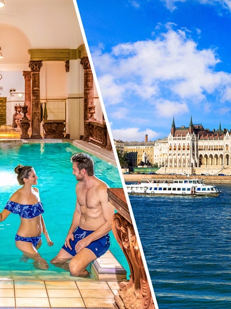 Széchenyi Spa indoor pool and Danube River cruise with Budapest Parliament view.