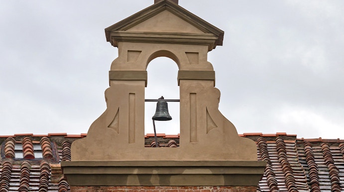 Clock tower detail at Sinopie Museum, Pisa, Italy.