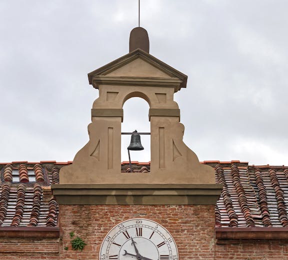 Clock tower detail at Sinopie Museum, Pisa, Italy.