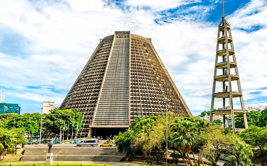Cone-shaped cathedral and bell tower in Rio de Janeiro.