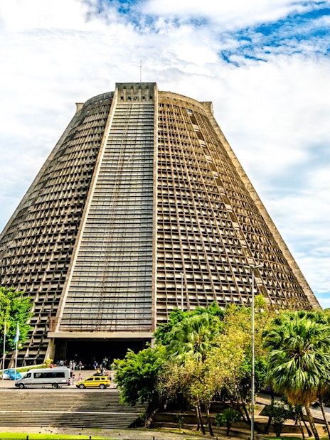 Cone-shaped cathedral and bell tower in Rio de Janeiro.