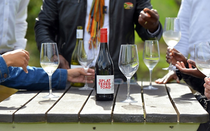 Tourists tasting wine at a table in Constantia, South Africa.