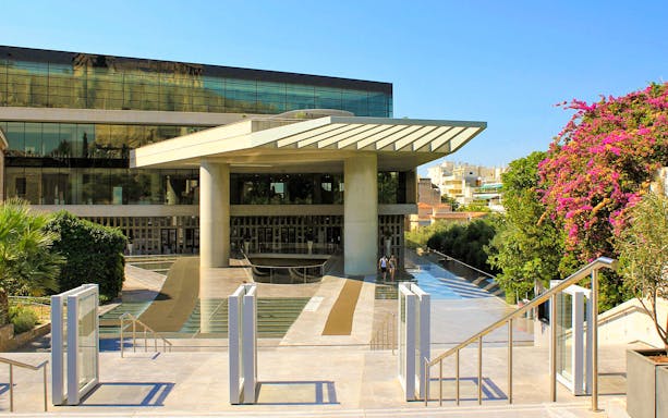 Acropolis Museum entrance in Athens, Greece, part of the guided bike tour.