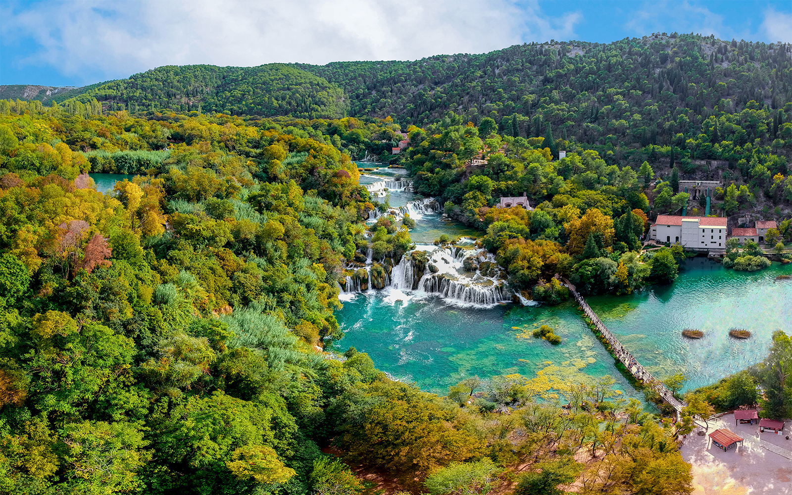 Aerial view of Skradinski Buk waterfall at Krka National Park, Croatia.