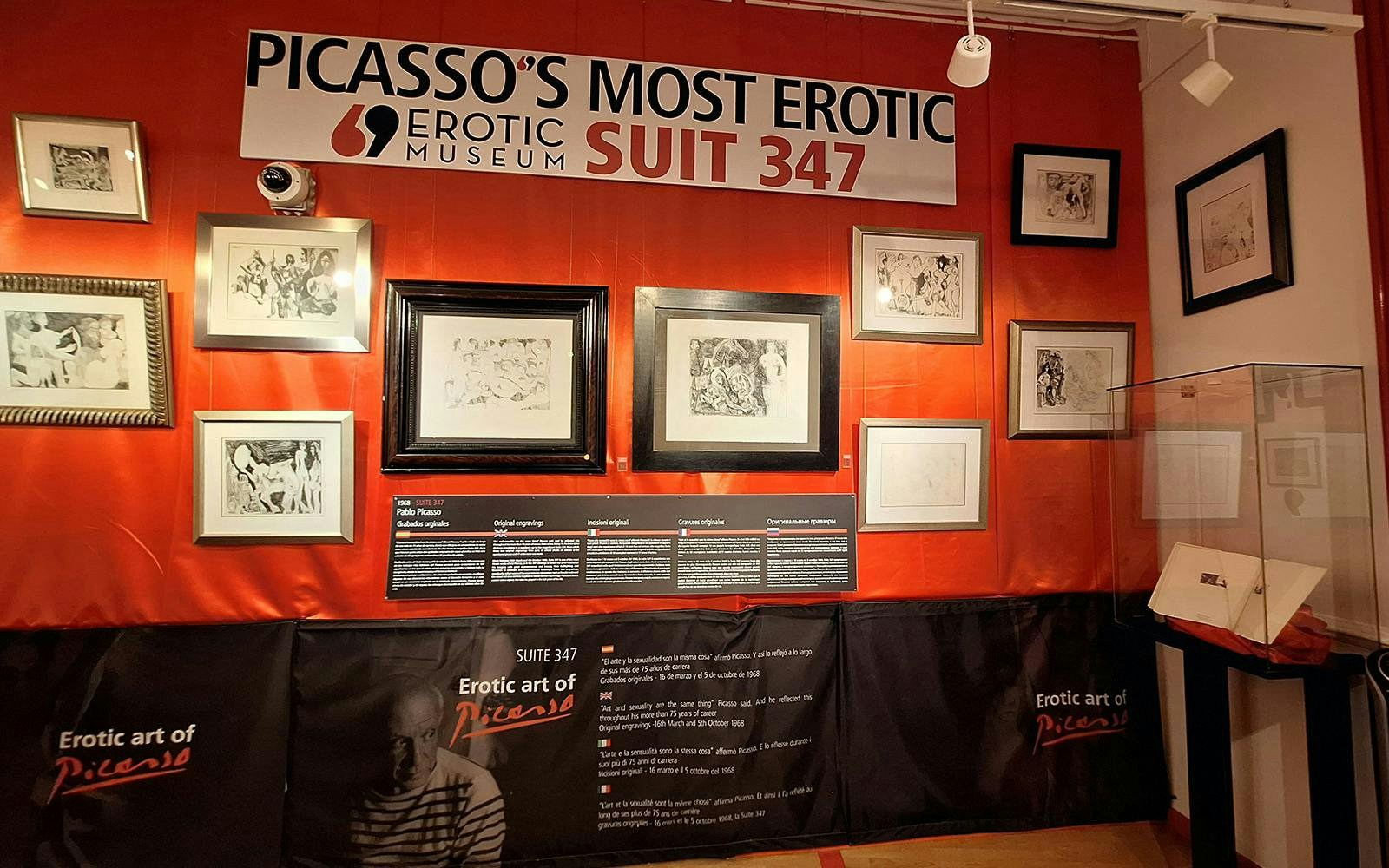 Picasso's erotic art exhibit in Barcelona's Erotic Museum, featuring framed sketches in the Picasso Room.