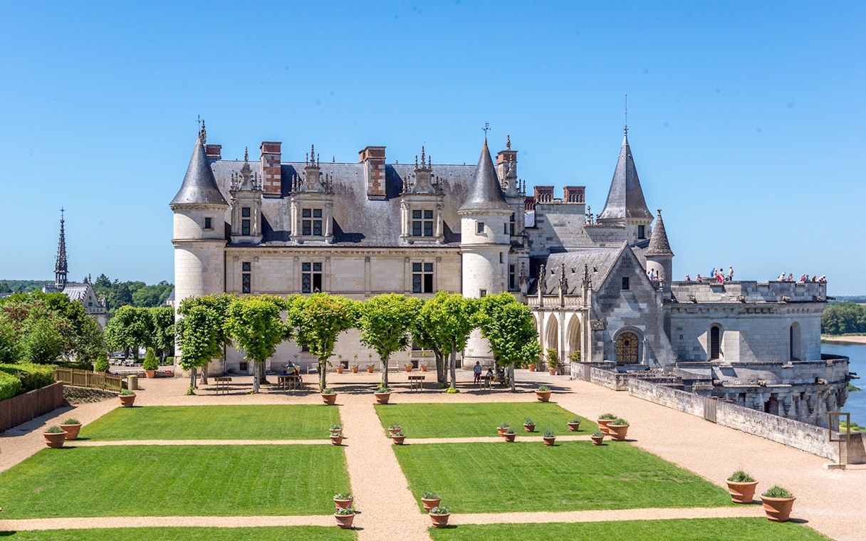 Chenonceau Castle with gardens and river view in Blois, France.