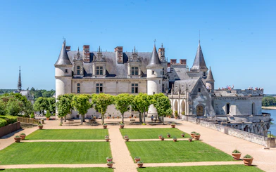 Chenonceau Castle with gardens and river view in Blois, France.