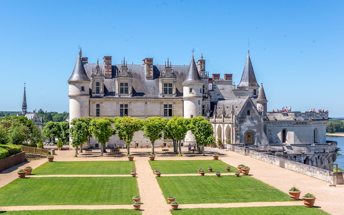 Chenonceau Castle with gardens and river view in Blois, France.