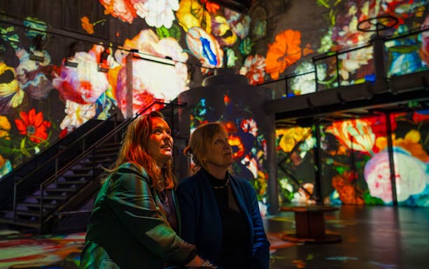 Visitors admiring floral projections at Dutch Masters Exhibition, Fabrique des Lumières.