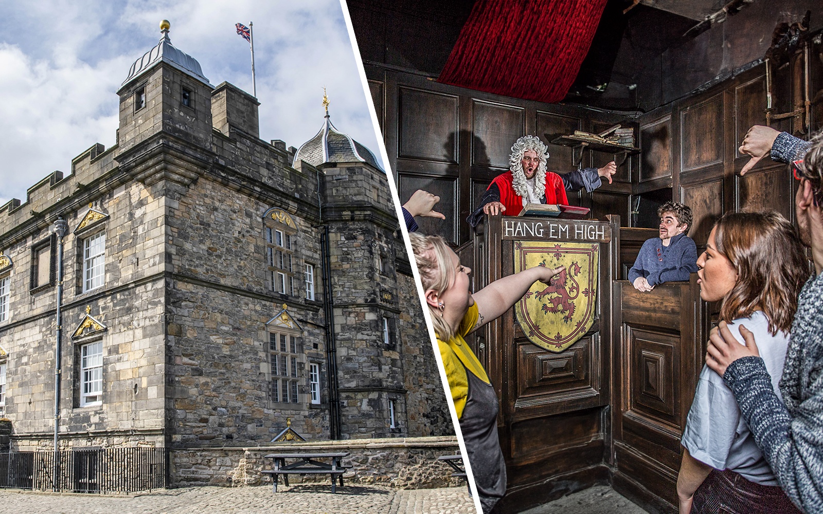 Edinburgh Castle exterior and interactive courtroom scene at Edinburgh Dungeon.