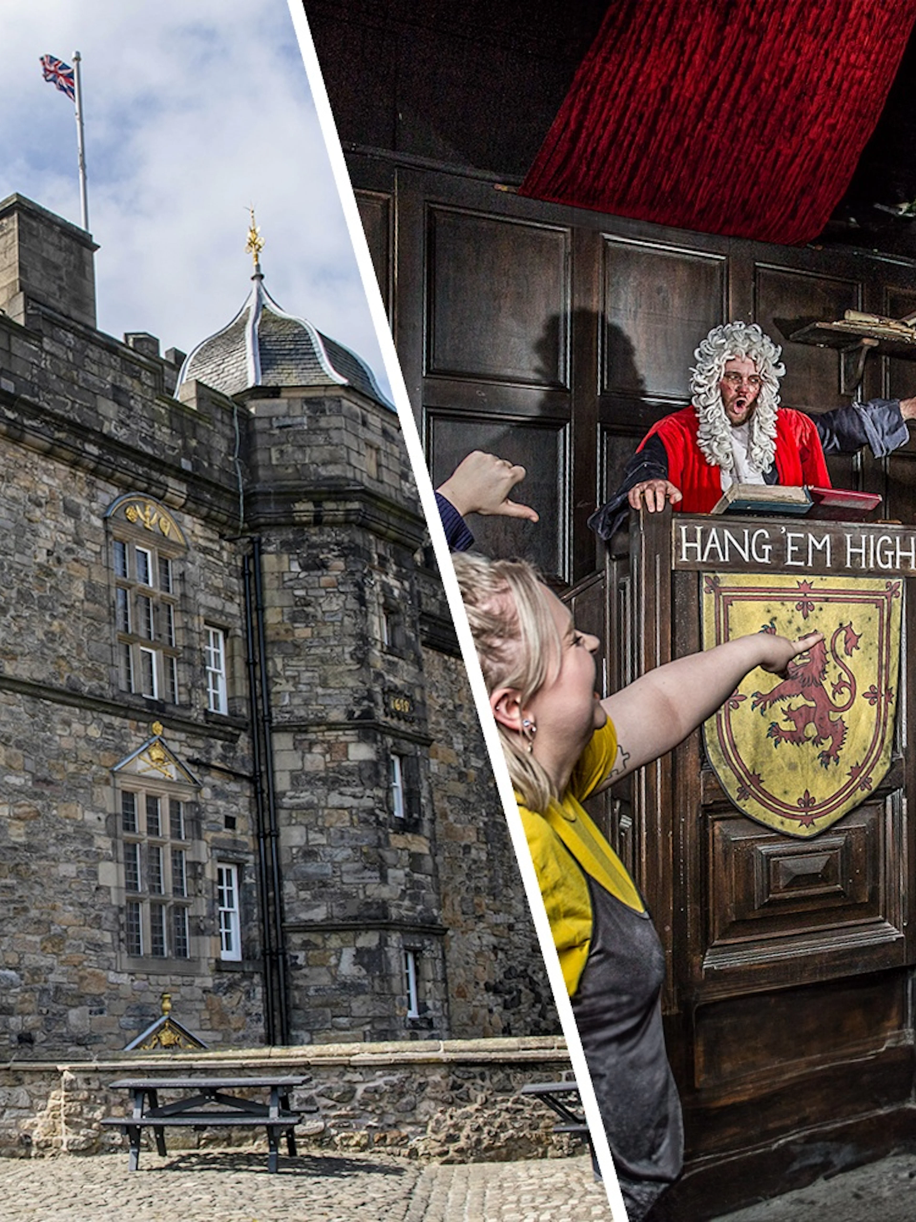 Edinburgh Castle exterior and interactive courtroom scene at Edinburgh Dungeon.