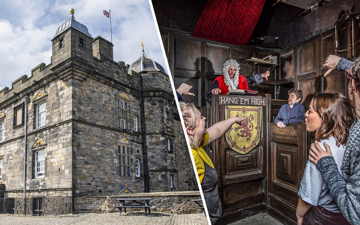 Edinburgh Castle exterior and interactive courtroom scene at Edinburgh Dungeon.