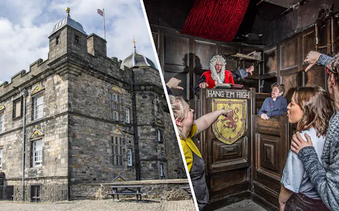 Edinburgh Castle exterior and interactive courtroom scene at Edinburgh Dungeon.
