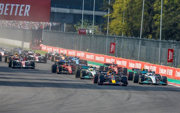 Race cars on track at Formula 1 Mexico Grand Prix, Mexico City.