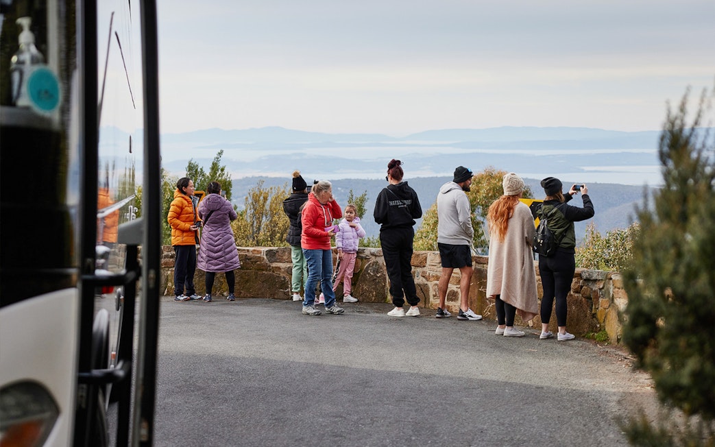 Tour group enjoying scenic view from Mt Wellington lookout.