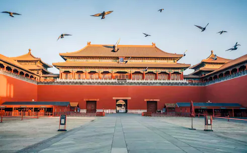 Meridian Gate of the Forbidden City in Beijing with birds flying overhead.