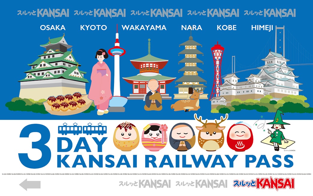 Kansai Thru Pass illustration featuring landmarks from Osaka, Kyoto, Wakayama, Nara, Kobe, and Himeji.