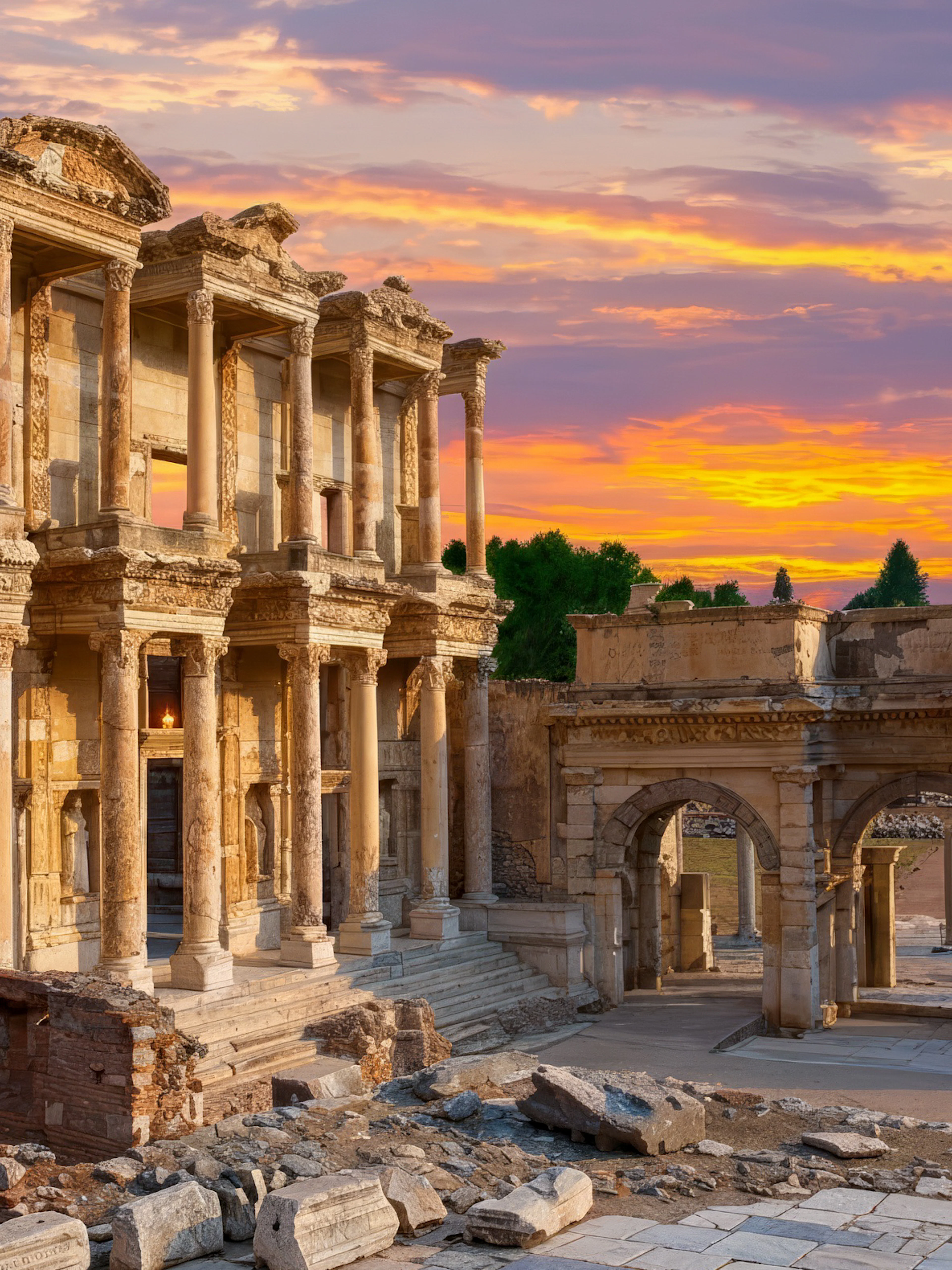 Ancient ruins of the Library of Celsus in Ephesus at sunset, part of the Ephesus & Pamukkale tour.