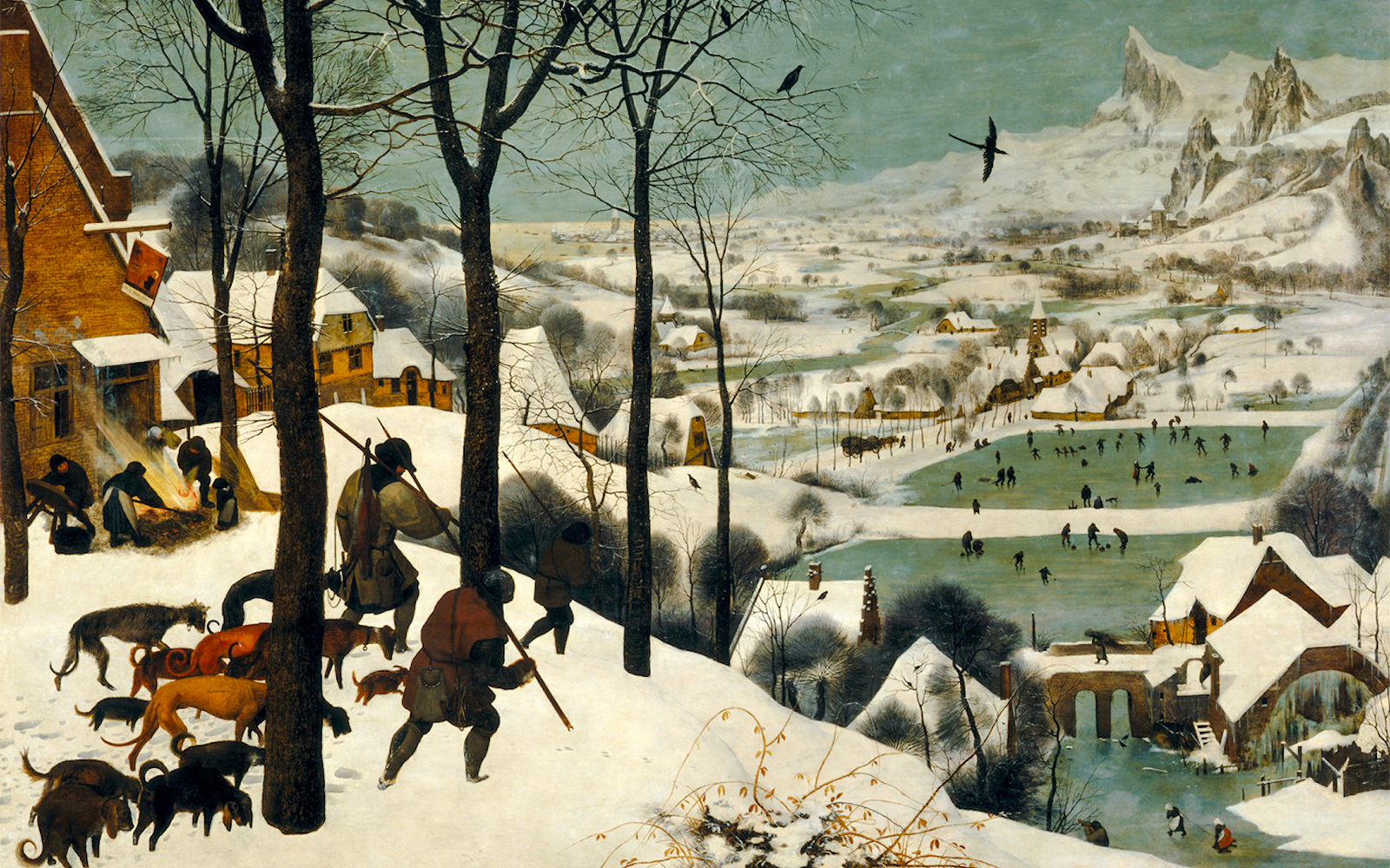 Hunters with dogs in snowy landscape, ice skaters on frozen pond, Kunsthistorisches Museum.
