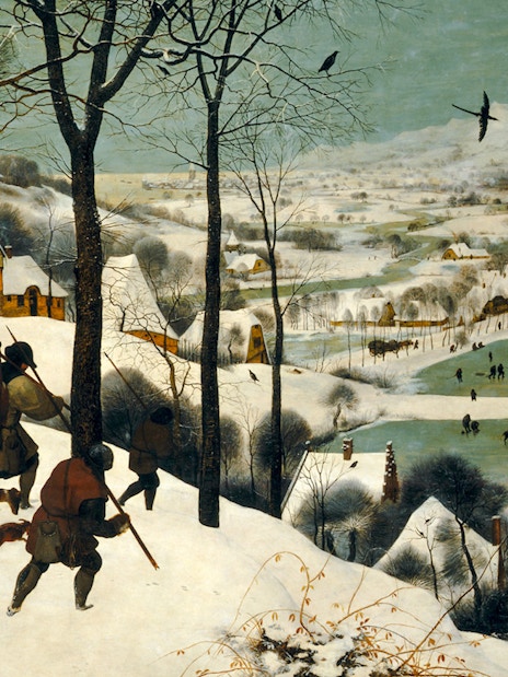 Hunters with dogs in snowy landscape, ice skaters on frozen pond, Kunsthistorisches Museum.