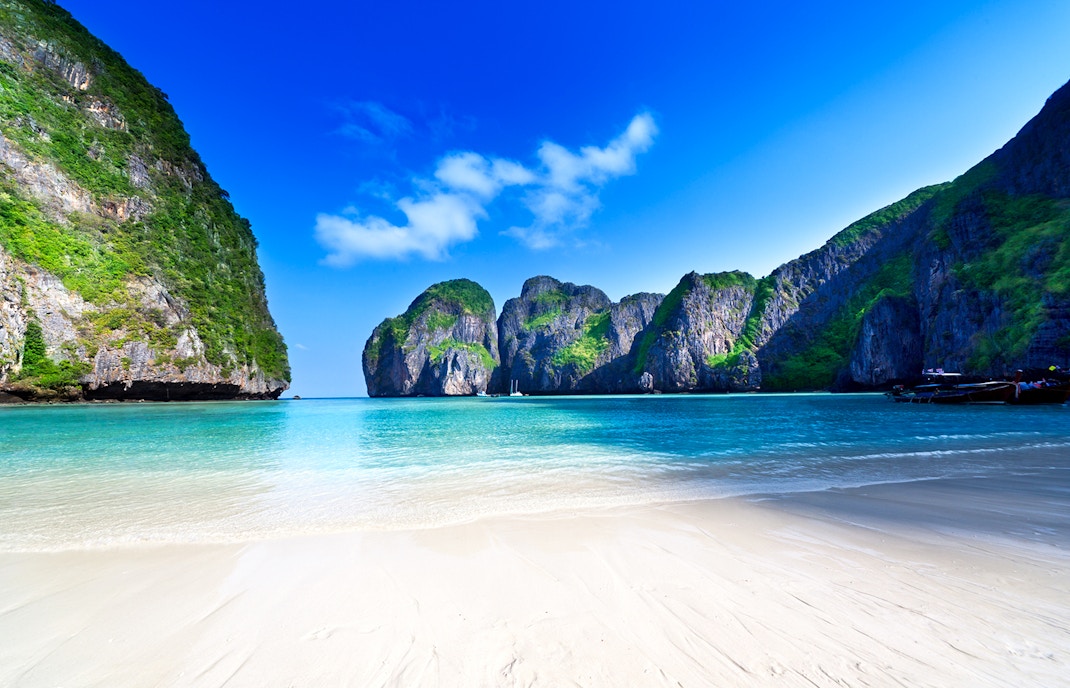 Maya Bay beach, famous for The Beach movie, with turquoise waters in Thailand.