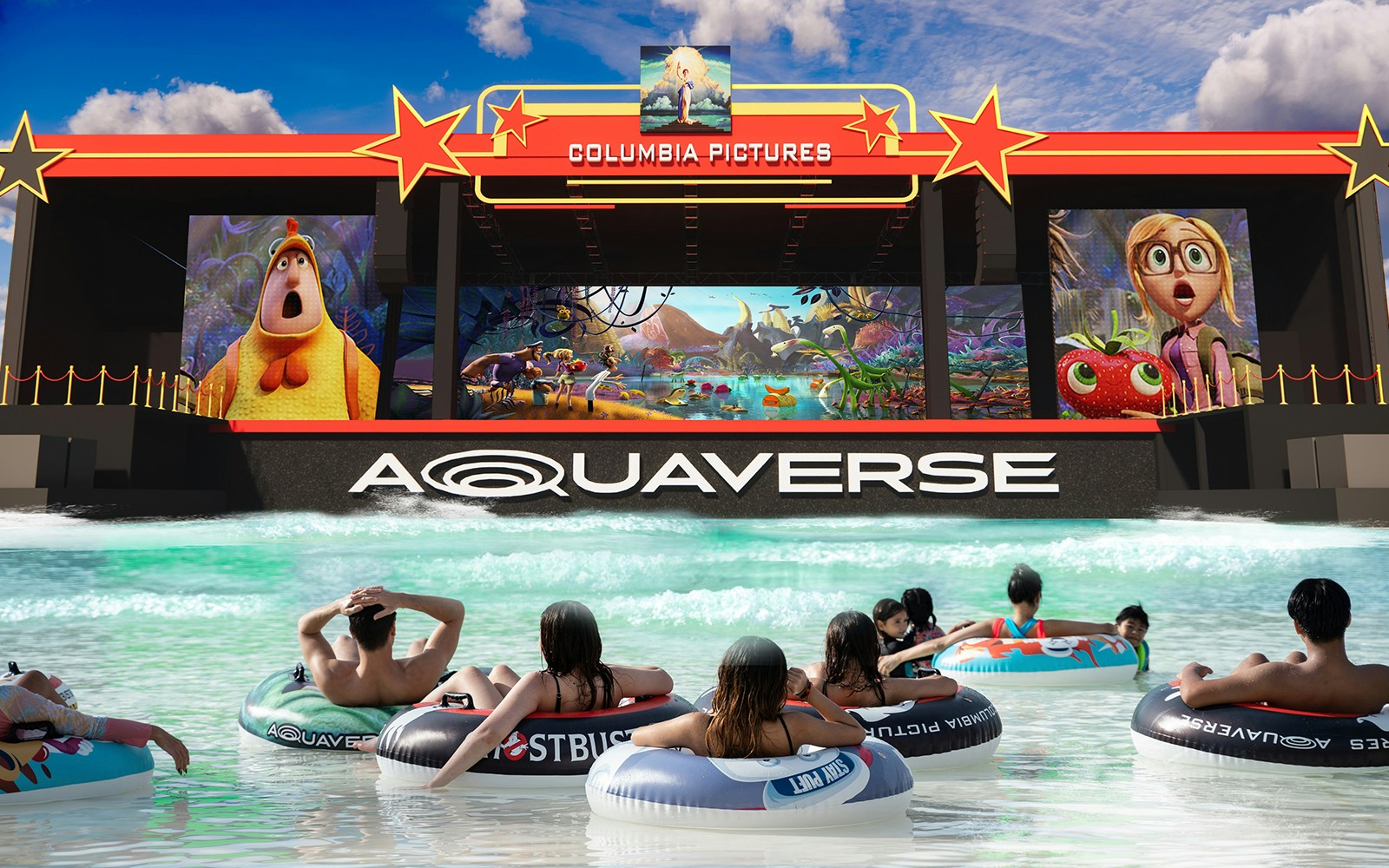 Visitors in tubes watching a Columbia Pictures Aquaverse show in Pattaya.