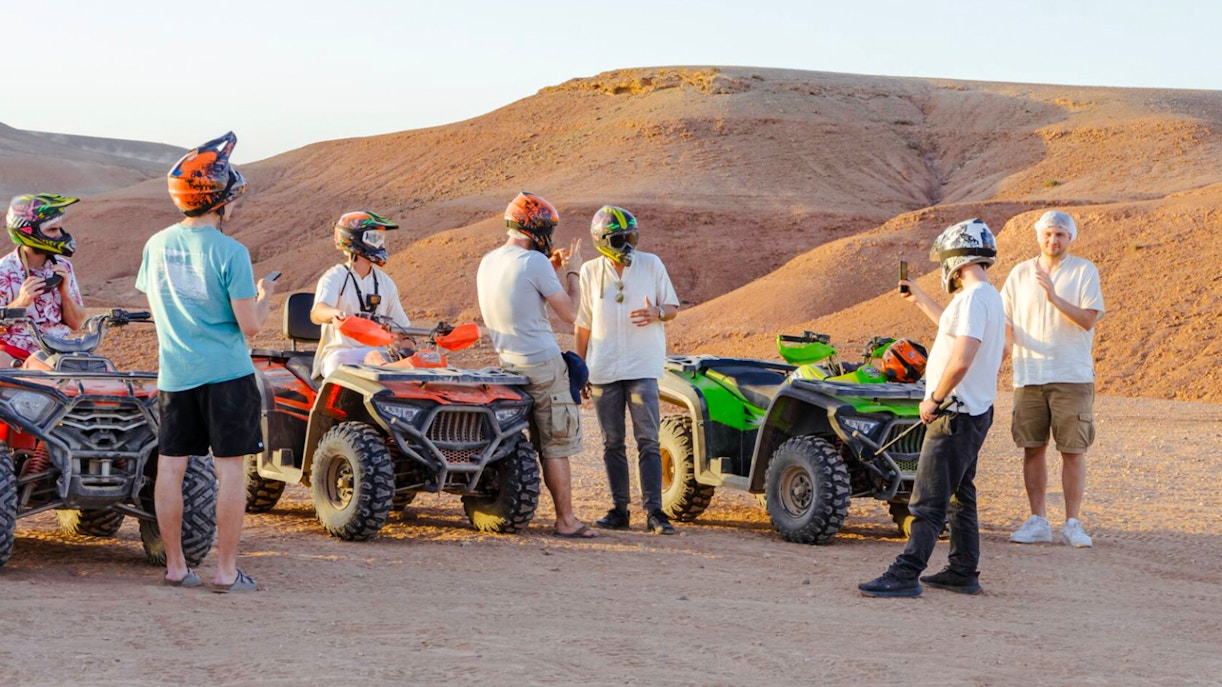 People with ATVs in Agafay Desert, Marrakesh.