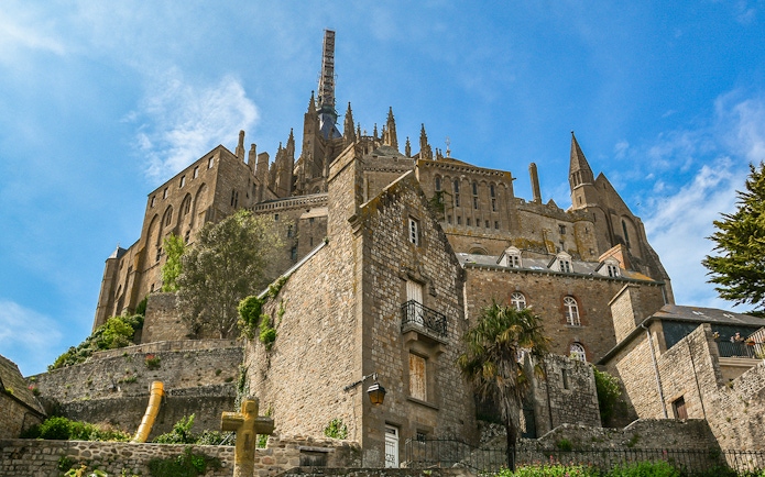 Mont Saint-Michel stone fortification close-up, Normandy, France.