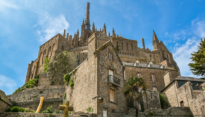 Mont Saint-Michel stone fortification close-up, Normandy, France.