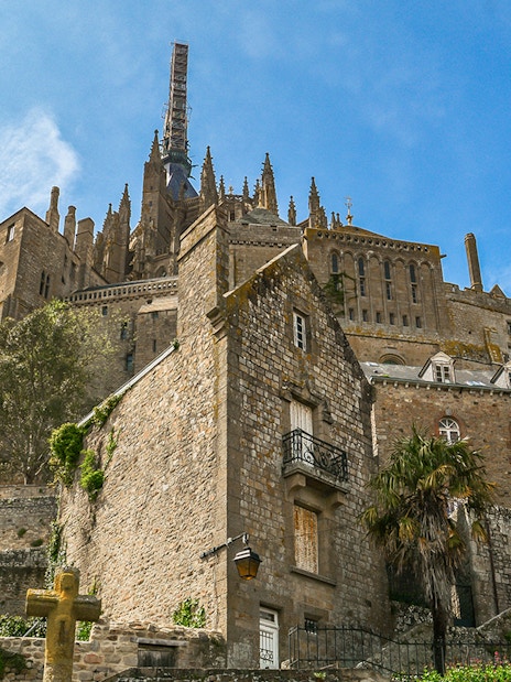 Mont Saint-Michel stone fortification close-up, Normandy, France.