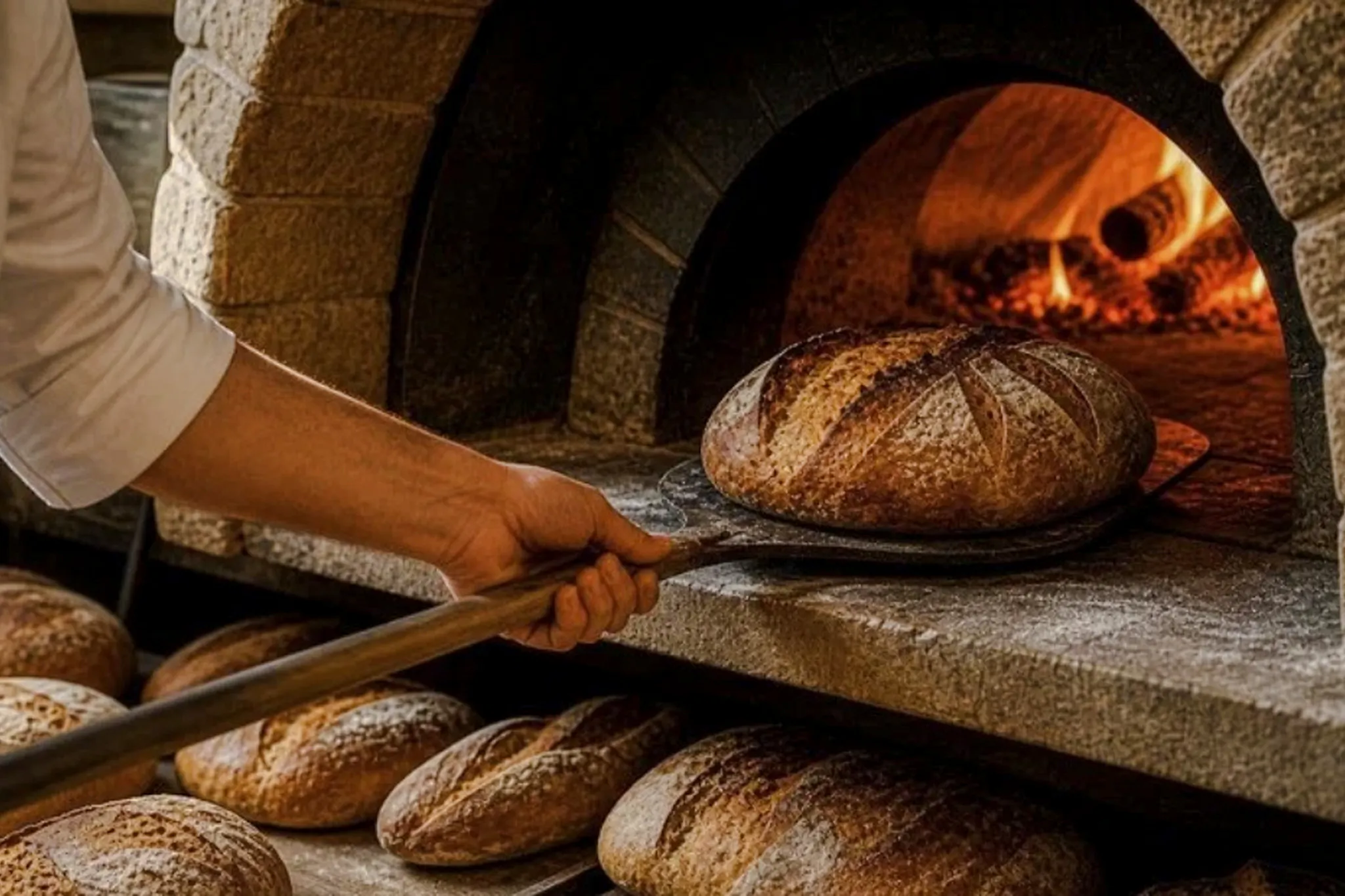 Baker removing fresh bread from a wood-fired oven during a cooking class in Rome.