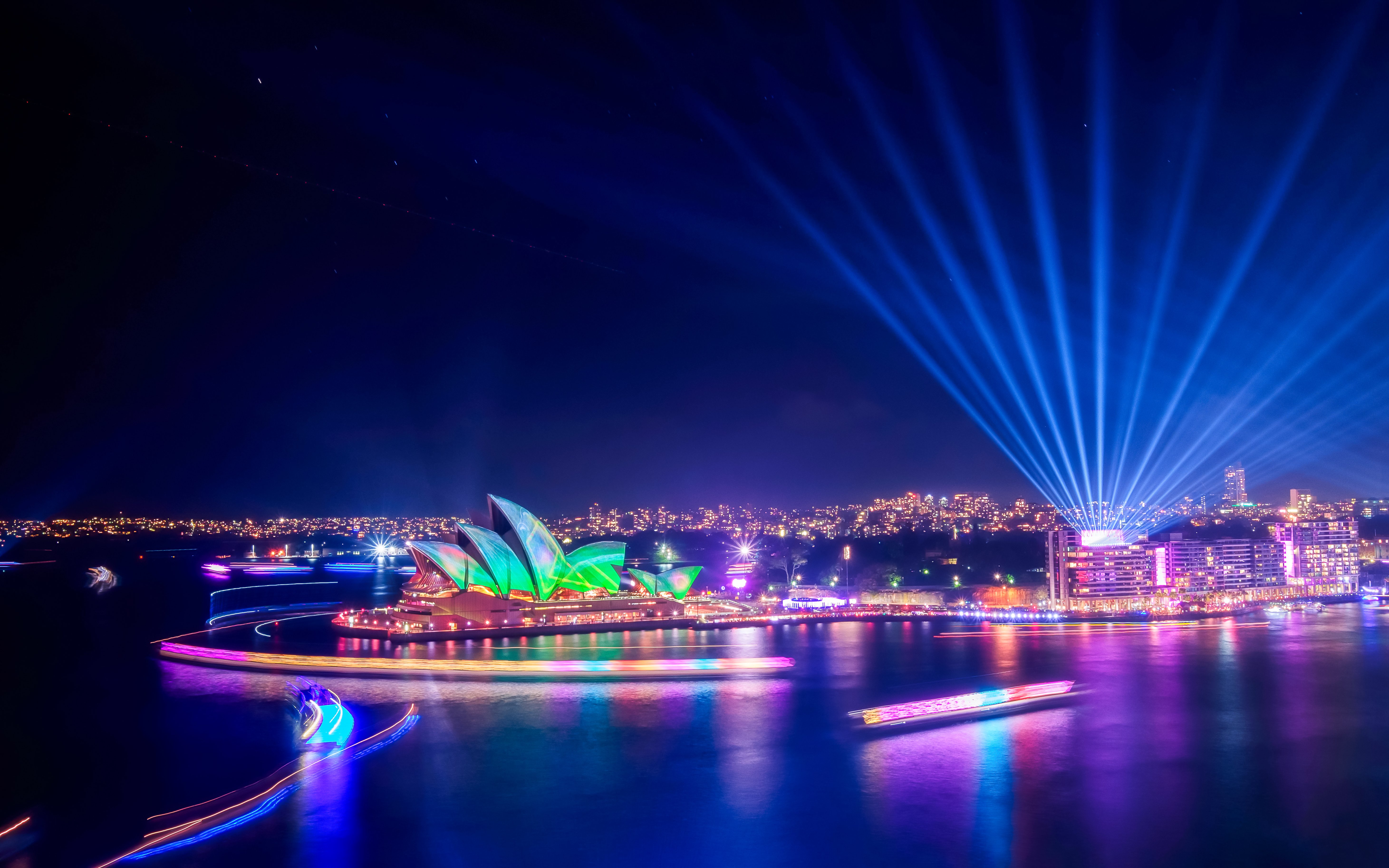 Sydney Opera House illuminated during Vivid Sydney from Pylon lookout.