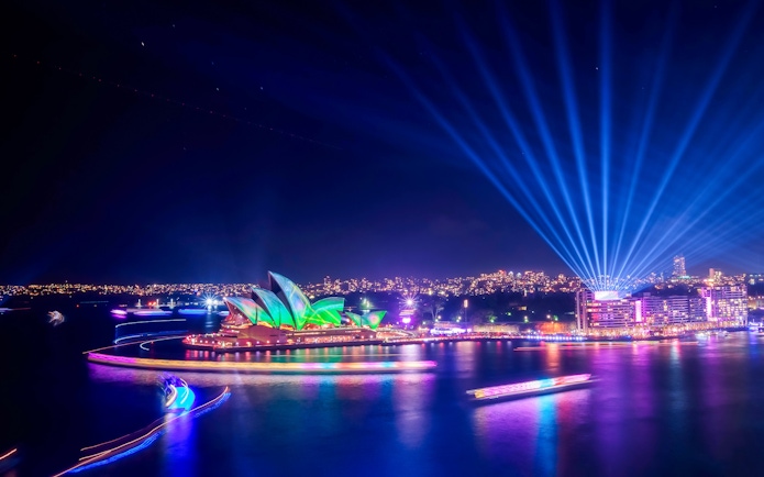 Sydney Opera House illuminated during Vivid Sydney from Pylon lookout.