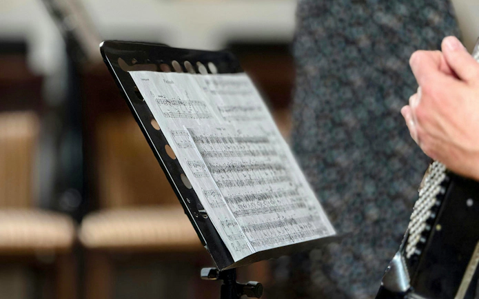 Sheet music on a stand at a Jewish Klezmer concert in Krakow.