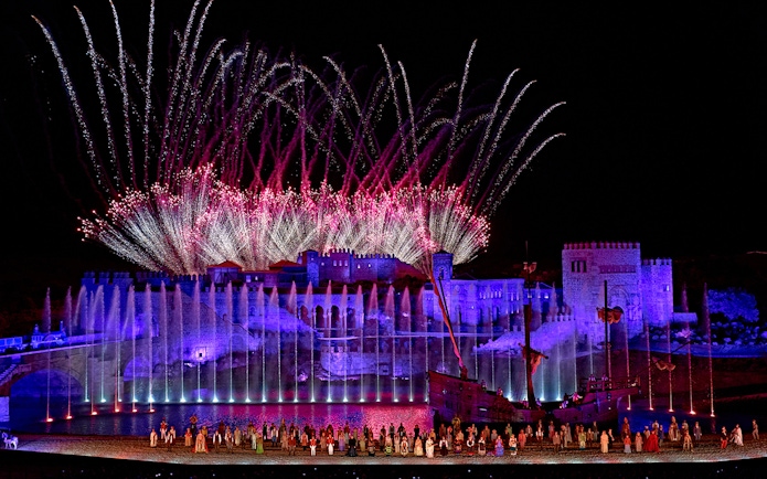 Spectacular night show with fireworks and performers at The Dream of Toledo, Spain.