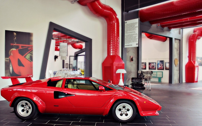 Red Lamborghini Countach on display at Ferruccio Lamborghini Museum, Bologna, Italy.