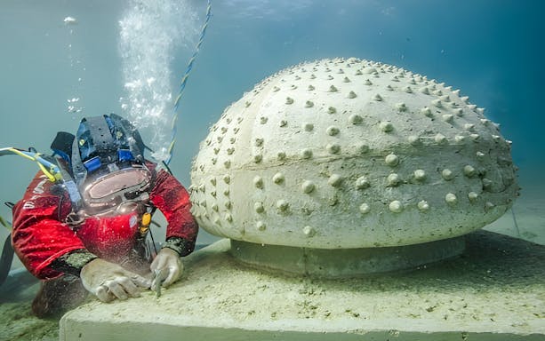 Underwater sculptures at the Underwater Museum of Marseille, France, showcasing marine life integration.