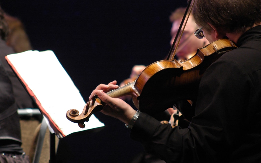 Musicians playing violins at St. Peter's Church concert in Vienna.