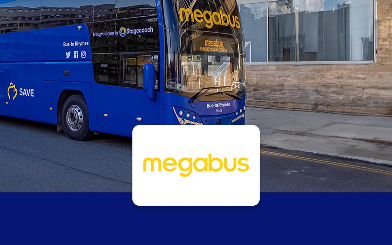 Megabus parked on street, offering one-way tickets between London Gatwick Airport and London Victoria Station.