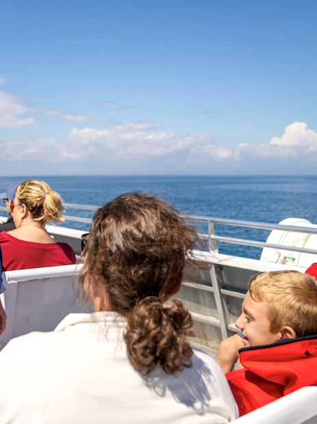 Guide interacting with guests on a whale watching cruise, ocean in the background.