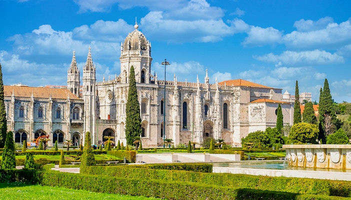 Jernimos Monastery Lisbon front facade with detailed Manueline architecture.