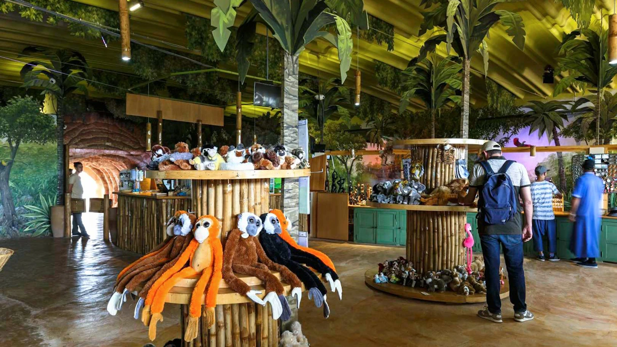 Stuffed animals display at Agadir Crocoparc gift shop.