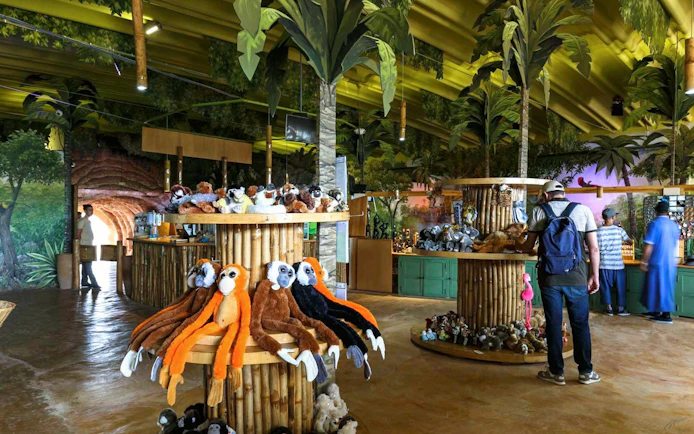 Stuffed animals display at Agadir Crocoparc gift shop.
