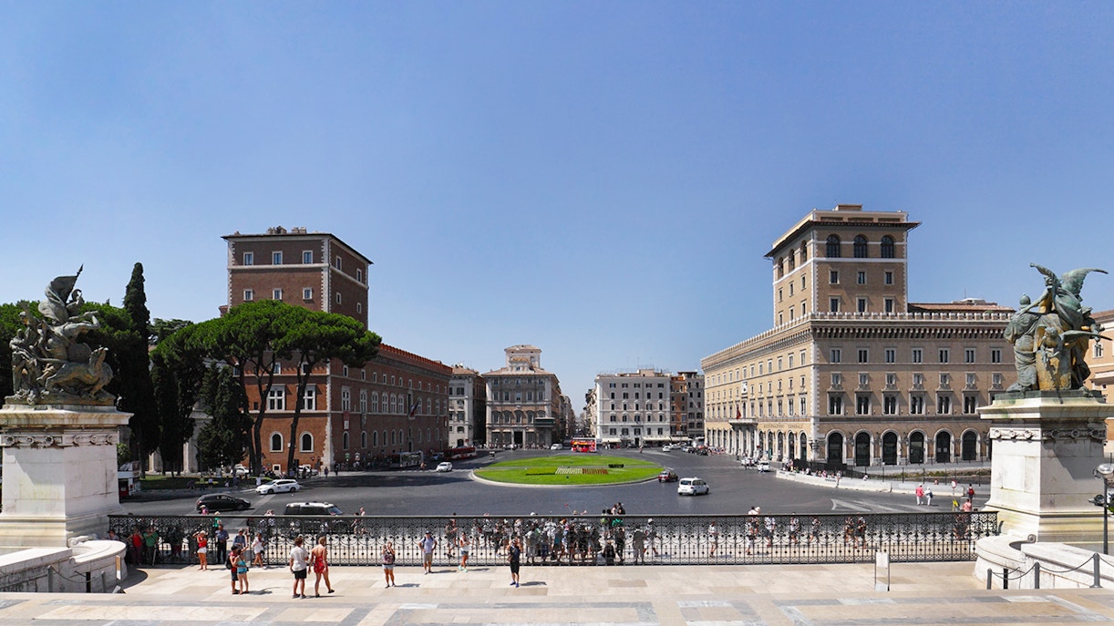 Palazzo Venezia view from Altar of the Fatherland glass elevator in Rome, Italy.