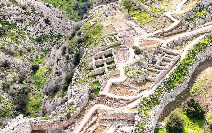 Ancient citadel ruins of Mycenae with pathways and stone walls, Argolida, Greece.