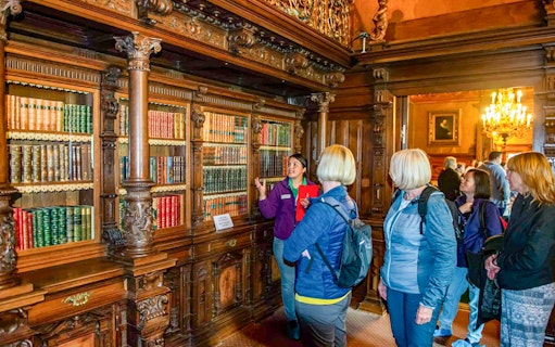 Guided tour group in Peles Castle library, Romania, viewing ornate wooden bookshelves.
