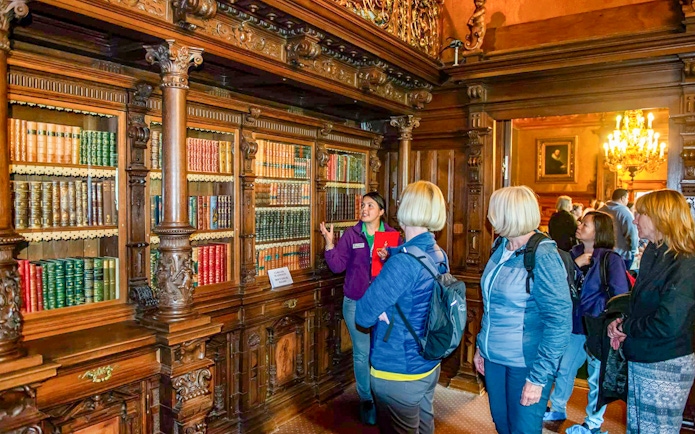Guided tour group in Peles Castle library, Romania, viewing ornate wooden bookshelves.