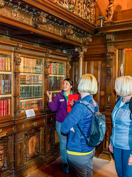 Guided tour group in Peles Castle library, Romania, viewing ornate wooden bookshelves.