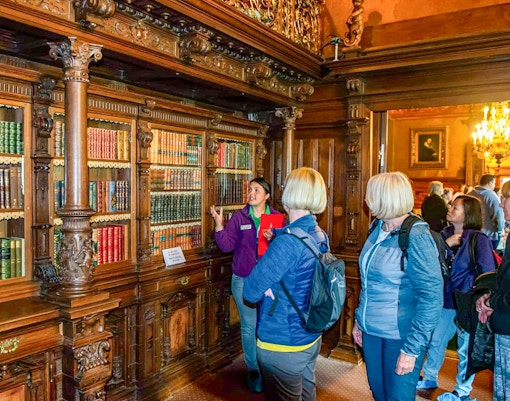 Guided tour group in Peles Castle library, Romania, viewing ornate wooden bookshelves.
