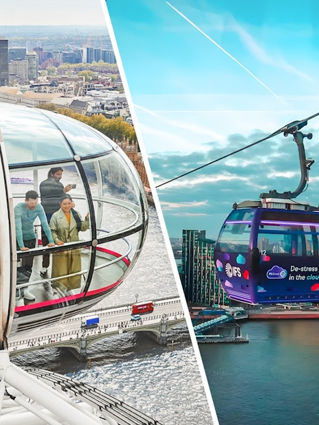 London Eye capsule and IFS Cloud Cable Car over River Thames.